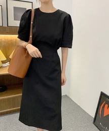 クルーネック ウエストマーク パフスリーブワンピース