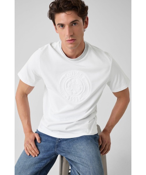 Guess(ゲス)の「CIRCLE Logo Embroidery Tee(Tシャツ/カットソー・メンズ・ブラック/ホワイト・SMALL/MEDIUM/LARGE/X-LARGE)」の1枚目の写真