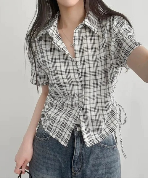 MAISON DE THERESE(メゾン ド テレーズ)の「サイド紐ギャザーチェックブラウス/シャツ(シャツ/ブラウス・レディース・PINK/GRAY/Black/グリーン・M)」の1枚目の写真