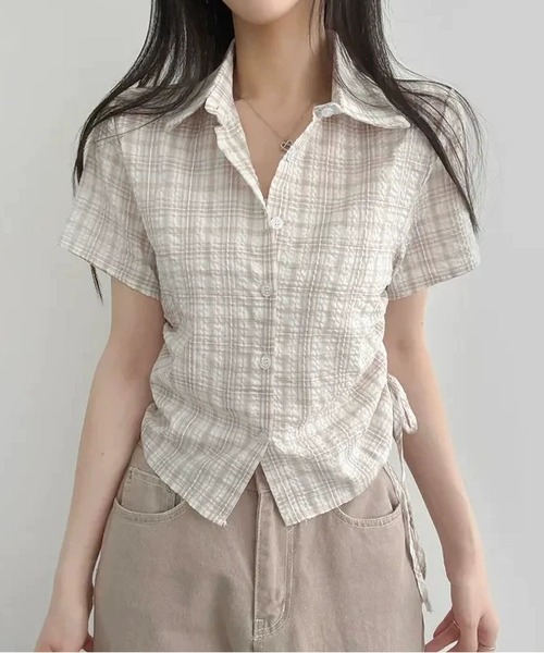 MAISON DE THERESE(メゾン ド テレーズ)の「サイド紐ギャザーチェックブラウス/シャツ(シャツ/ブラウス・レディース・PINK/GRAY/Black/グリーン・M)」の4枚目の写真