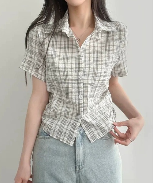 MAISON DE THERESE(メゾン ド テレーズ)の「サイド紐ギャザーチェックブラウス/シャツ(シャツ/ブラウス・レディース・PINK/GRAY/Black/グリーン・M)」の3枚目の写真