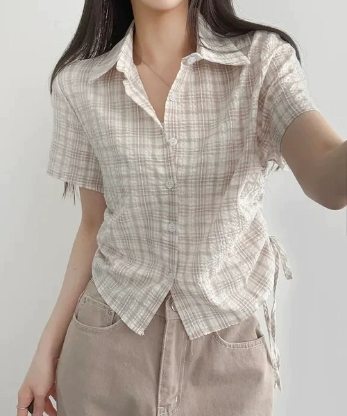 MAISON DE THERESE(メゾン ド テレーズ)の「サイド紐ギャザーチェックブラウス/シャツ(シャツ/ブラウス・レディース・PINK/GRAY/Black/グリーン・M)」の5枚目の写真