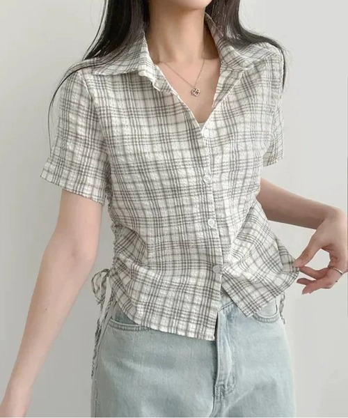 MAISON DE THERESE(メゾン ド テレーズ)の「サイド紐ギャザーチェックブラウス/シャツ(シャツ/ブラウス・レディース・PINK/GRAY/Black/グリーン・M)」の7枚目の写真