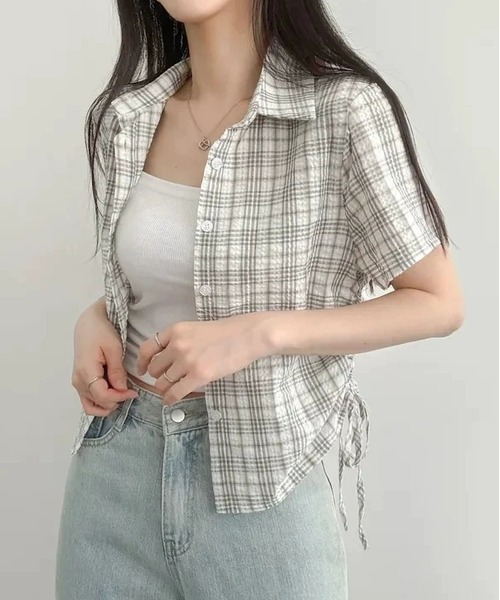 MAISON DE THERESE(メゾン ド テレーズ)の「サイド紐ギャザーチェックブラウス/シャツ(シャツ/ブラウス・レディース・PINK/GRAY/Black/グリーン・M)」の8枚目の写真