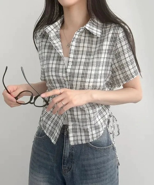 MAISON DE THERESE(メゾン ド テレーズ)の「サイド紐ギャザーチェックブラウス/シャツ(シャツ/ブラウス・レディース・PINK/GRAY/Black/グリーン・M)」の10枚目の写真
