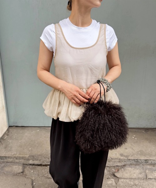ISOOK(アイスー)の「シアーバルーンバックリボンビスチェ(comochi select) / ノースリーブ ペプラム 重ね着 レイヤード シフォン(ベスト・レディース・ブラック/ベージュ・FREE)」の6枚目の写真