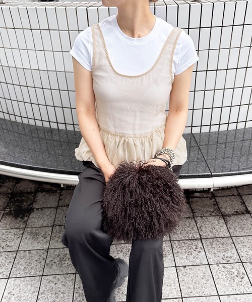 ISOOK(アイスー)の「シアーバルーンバックリボンビスチェ(comochi select) / ノースリーブ ペプラム 重ね着 レイヤード シフォン(ベスト・レディース・ブラック/ベージュ・FREE)」の7枚目の写真