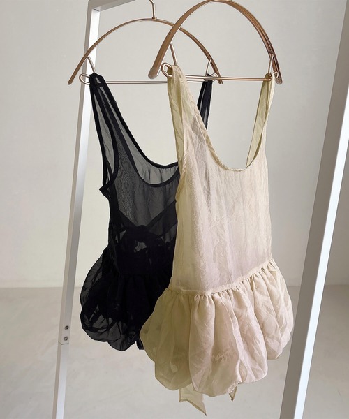 ISOOK(アイスー)の「シアーバルーンバックリボンビスチェ(comochi select) / ノースリーブ ペプラム 重ね着 レイヤード シフォン(ベスト・レディース・ブラック/ベージュ・FREE)」の12枚目の写真