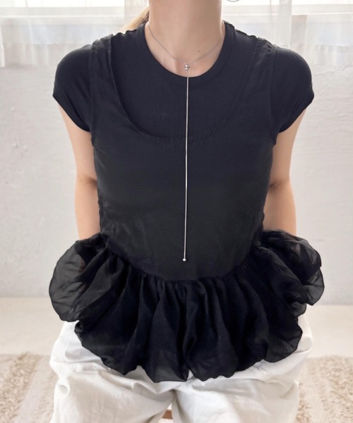 ISOOK(アイスー)の「シアーバルーンバックリボンビスチェ(comochi select) / ノースリーブ ペプラム 重ね着 レイヤード シフォン(ベスト・レディース・ブラック/ベージュ・FREE)」の17枚目の写真