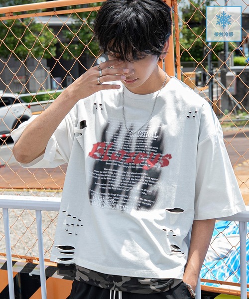 WEGO(ウィゴー)の「WEGO/接触冷感メッシュレイヤードダメージTシャツ(Tシャツ/カットソー・メンズ・ホワイト/ブラック・LARGE/MEDIUM)」の9枚目の写真
