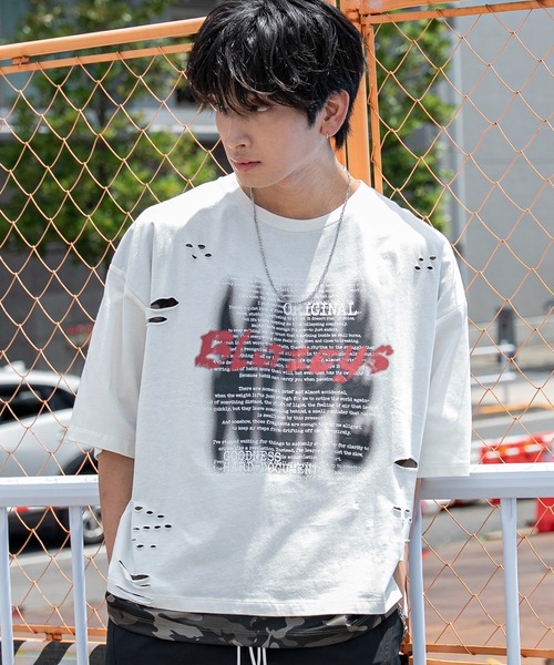WEGO(ウィゴー)の「WEGO/接触冷感メッシュレイヤードダメージTシャツ(Tシャツ/カットソー・メンズ・ホワイト/ブラック・LARGE/MEDIUM)」の12枚目の写真
