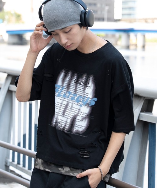WEGO（ウィゴー）の「WEGO/【26年春夏新作】接触冷感メッシュレイヤードダメージTシャツ（Tシャツ/カットソー・メンズ・ホワイト/ブラック・LARGE/MEDIUM）」の7枚目の写真