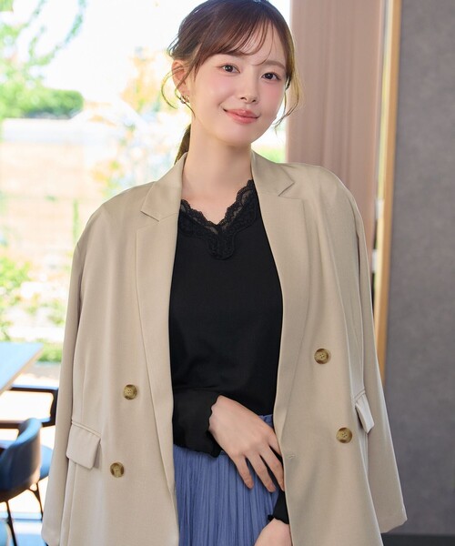 Tiaclasse（ティアクラッセ）の「【大きいサイズ】レースVネックリブトップス（Tシャツ/カットソー・レディース・ブラック/オフホワイト・XL/XXL）」の14枚目の写真