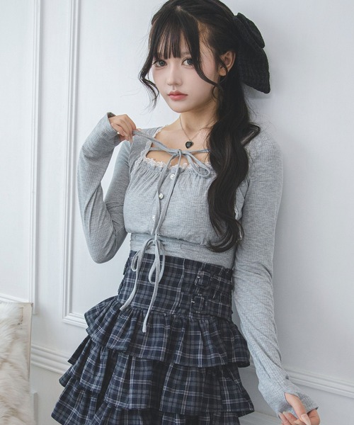 夢展望(ユメテンボウ)の「ボレロレイヤード風ドッキングリブトップス【大きいサイズあり】(Tシャツ/カットソー・レディース・オフホワイト/グレー/ブラック・L~LL/M-L/LL~3L)」の3枚目の写真