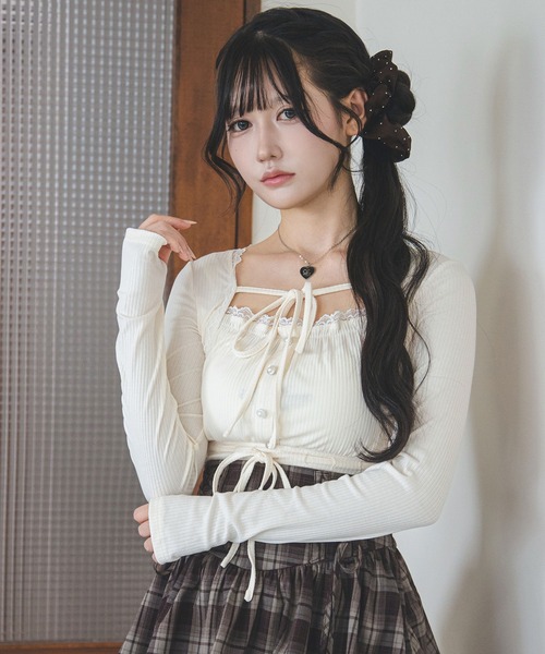 夢展望(ユメテンボウ)の「ボレロレイヤード風ドッキングリブトップス【大きいサイズあり】(Tシャツ/カットソー・レディース・オフホワイト/グレー/ブラック・L~LL/M-L/LL~3L)」の1枚目の写真