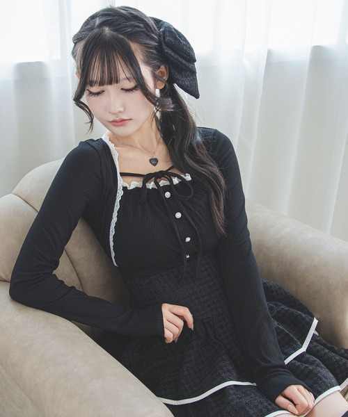夢展望(ユメテンボウ)の「ボレロレイヤード風ドッキングリブトップス【大きいサイズあり】(Tシャツ/カットソー・レディース・オフホワイト/グレー/ブラック・L~LL/M-L/LL~3L)」の2枚目の写真
