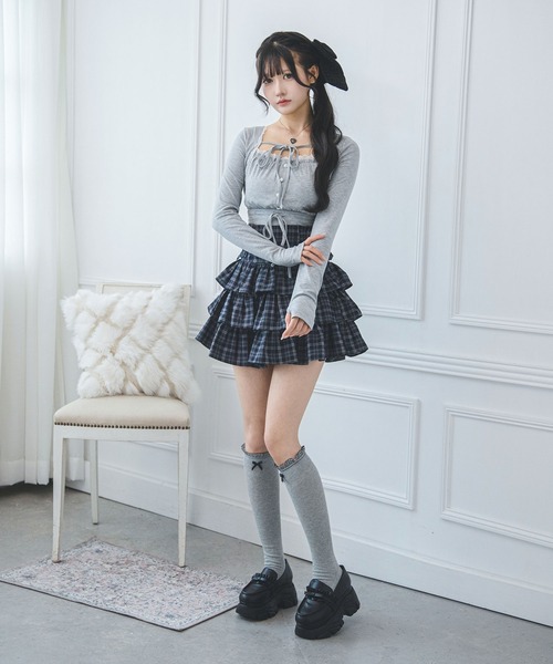 夢展望(ユメテンボウ)の「ボレロレイヤード風ドッキングリブトップス【大きいサイズあり】(Tシャツ/カットソー・レディース・オフホワイト/グレー/ブラック・L~LL/M-L/LL~3L)」の7枚目の写真