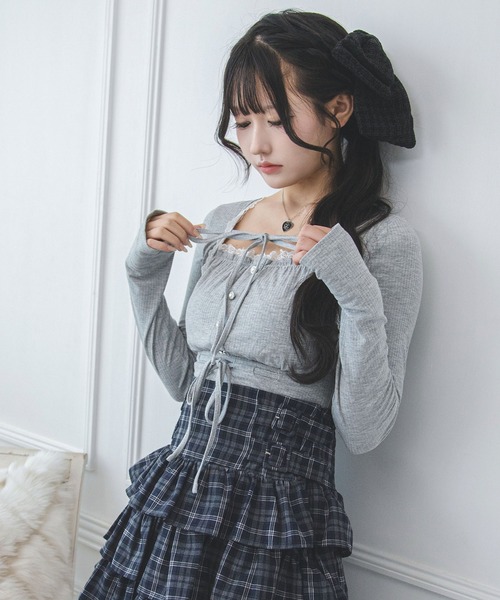 夢展望(ユメテンボウ)の「ボレロレイヤード風ドッキングリブトップス【大きいサイズあり】(Tシャツ/カットソー・レディース・オフホワイト/グレー/ブラック・L~LL/M-L/LL~3L)」の10枚目の写真