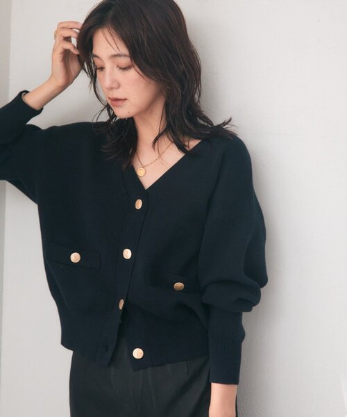 RIVE DROITE(リヴドロワ)の「スウェットライクニットカーデ(オフィスカジュアル/秋服)(カーディガン/ボレロ・レディース・オフホワイト/ブラウン/ネイビー・FREE)」の1枚目の写真