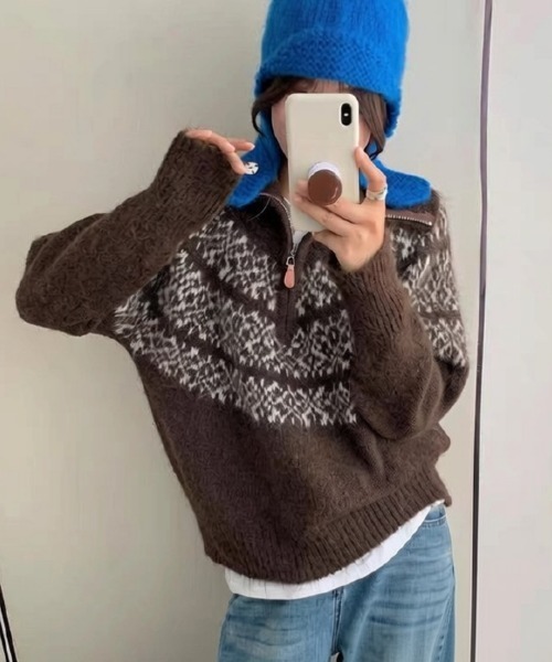 center i(センターアイ)の「ノルディック柄 ハーフジップニット(ニット/セーター・レディース・ブラウン/オフホワイト・FREE)」の8枚目の写真