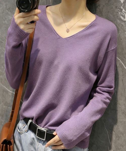 Miniministore(ミニミニストア)の「ニットTシャツ Vネック プルオーバー(Tシャツ/カットソー・レディース・ホワイト/ラベンダー/ブラック/ピンクベージュ・FREE)」の1枚目の写真