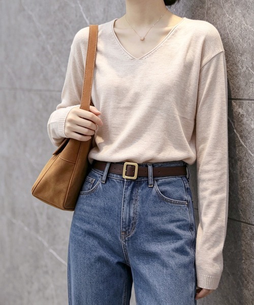 Miniministore(ミニミニストア)の「ニットTシャツ Vネック プルオーバー(Tシャツ/カットソー・レディース・ホワイト/ラベンダー/ブラック/ピンクベージュ・FREE)」の10枚目の写真