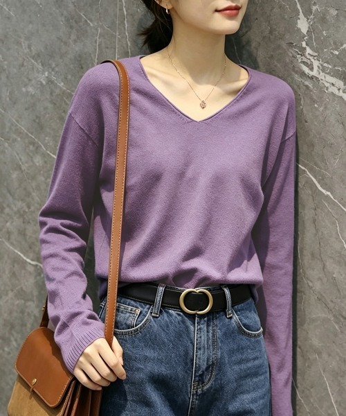 Miniministore(ミニミニストア)の「ニットTシャツ Vネック プルオーバー(Tシャツ/カットソー・レディース・ホワイト/ラベンダー/ブラック/ピンクベージュ・FREE)」の11枚目の写真