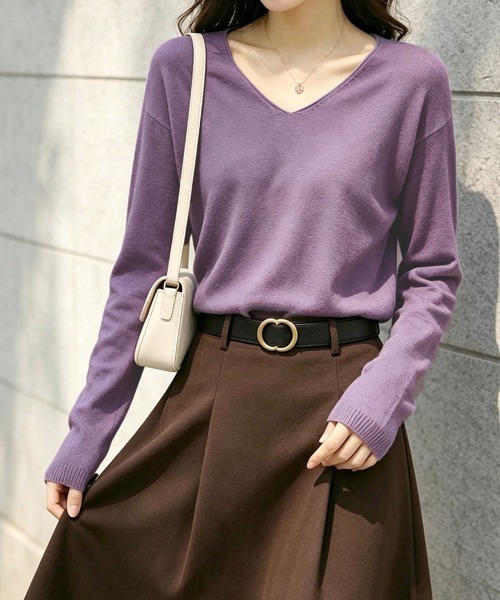 Miniministore(ミニミニストア)の「ニットTシャツ Vネック プルオーバー(Tシャツ/カットソー・レディース・ホワイト/ラベンダー/ブラック/ピンクベージュ・FREE)」の12枚目の写真