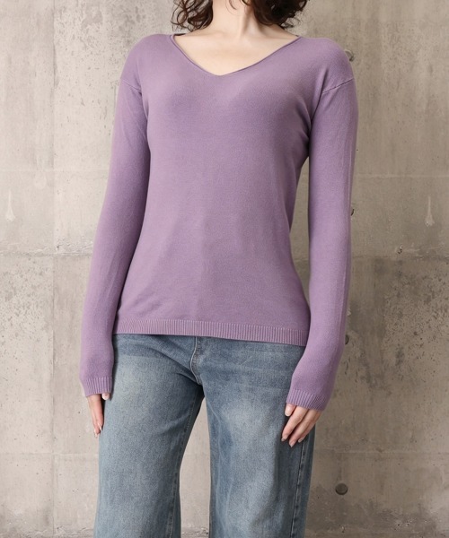 Miniministore(ミニミニストア)の「ニットTシャツ Vネック プルオーバー(Tシャツ/カットソー・レディース・ホワイト/ラベンダー/ブラック/ピンクベージュ・FREE)」の13枚目の写真