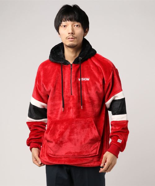 VISION STREET WEAR（ヴィジョンストリートウェア）の「WEB限定 VISION ボアハーフジップパーカー（パーカー・メンズ・ブラック/レッド/オフホワイト・M/L）」の5枚目の写真