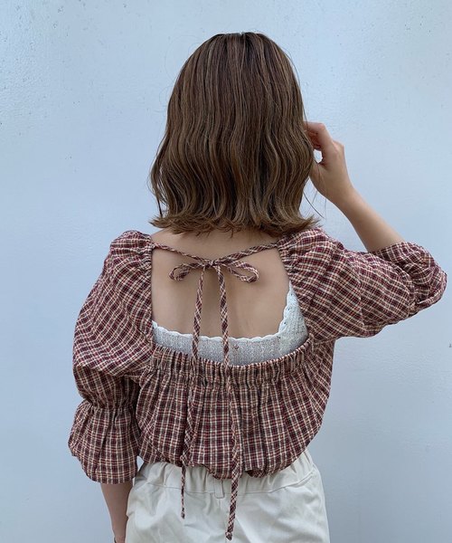 flower（フラワー）の「スウィーティーチェックトップ（その他トップス・レディース・ベージュ/レッド・FREE）」の5枚目の写真