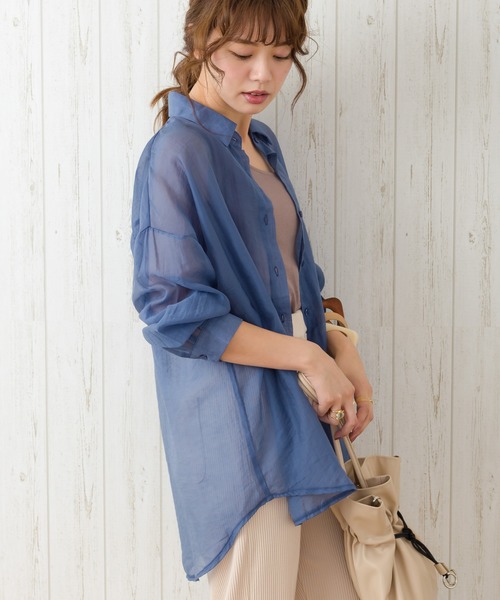 SpRay（スプレイ）の「シアーシャツ（シャツ/ブラウス・レディース・ホワイト/ブラック/グレー/グリーン/レンガ/ベージュ/ブルー/ピンク/ダークグリーン・FREE）」の7枚目の写真