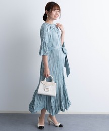 ランダムサテンプリーツ 5分袖ワンピース　[マタニティ 産前産後]