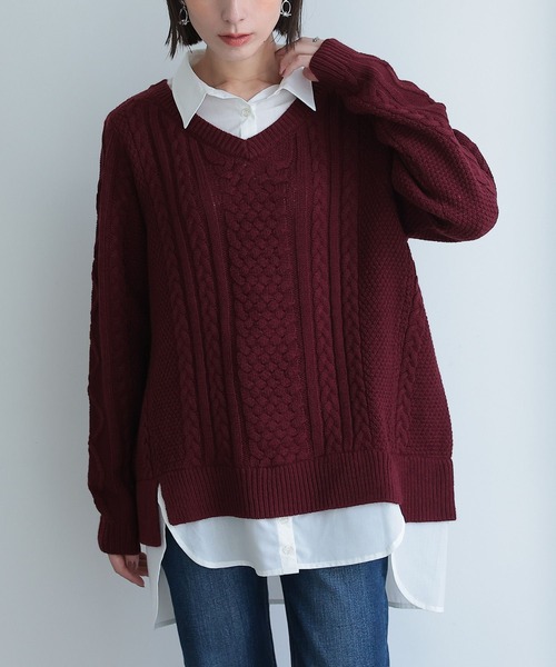 osharewalker(オシャレウォーカー)の「『シャツドッキングVネックニット』(ニット/セーター・レディース・ブラック/ベージュ/バーガンディー/杢グレー・2/1)」の17枚目の写真