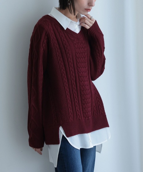 osharewalker(オシャレウォーカー)の「『シャツドッキングVネックニット』(ニット/セーター・レディース・ブラック/ベージュ/バーガンディー/杢グレー・2/1)」の18枚目の写真