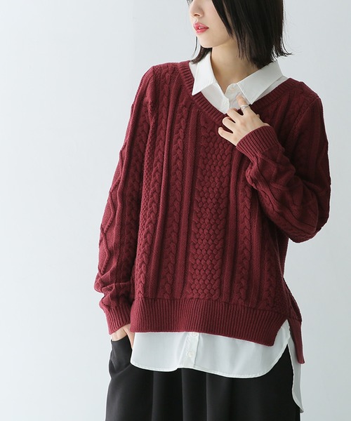 osharewalker(オシャレウォーカー)の「『シャツドッキングVネックニット』(ニット/セーター・レディース・ブラック/ベージュ/バーガンディー/杢グレー・2/1)」の22枚目の写真