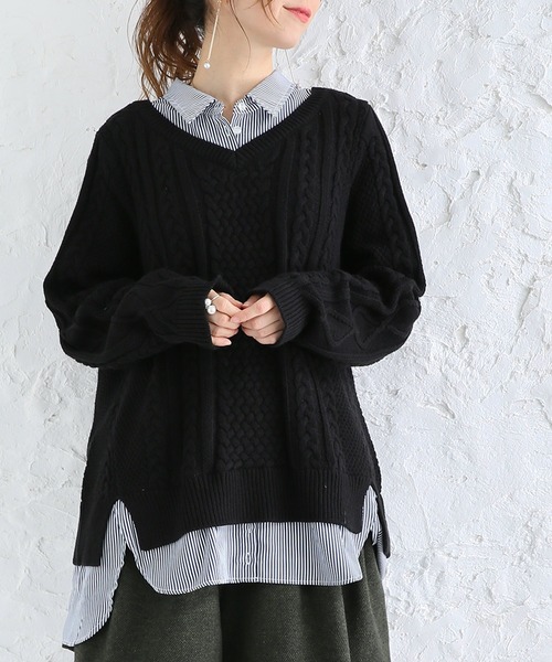 osharewalker(オシャレウォーカー)の「『シャツドッキングVネックニット』(ニット/セーター・レディース・ブラック/ベージュ/バーガンディー/杢グレー・2/1)」の10枚目の写真