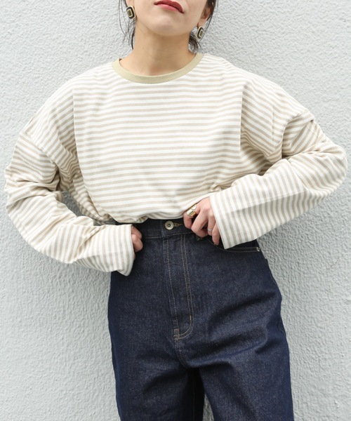 ap retro（アプレトロ）の「ボーダーリンガーロングスリーブTシャツ【ZOZOTOWN限定商品】（Tシャツ/カットソー・レディース・グリーン/ベージュ/ネイビー/ブラック/ボルドー/ブラウン・FREE）」の3枚目の写真