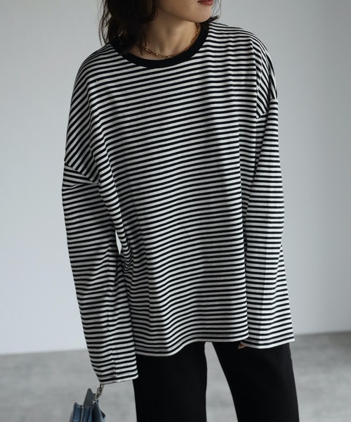 ap retro（アプレトロ）の「ボーダーリンガーロングスリーブTシャツ【ZOZOTOWN限定商品】（Tシャツ/カットソー・レディース・グリーン/ベージュ/ネイビー/ブラック/ボルドー/ブラウン・FREE）」の2枚目の写真