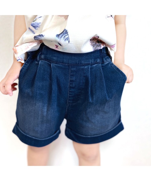 L.COPECK（エルコペック）の「[90-140]ハイストレッチレーヨンデニムタックキュロット（デニムパンツ・キッズ・ネイビー/ブルー・100cm/130cm/120cm/90cm/110cm/140cm）」の2枚目の写真