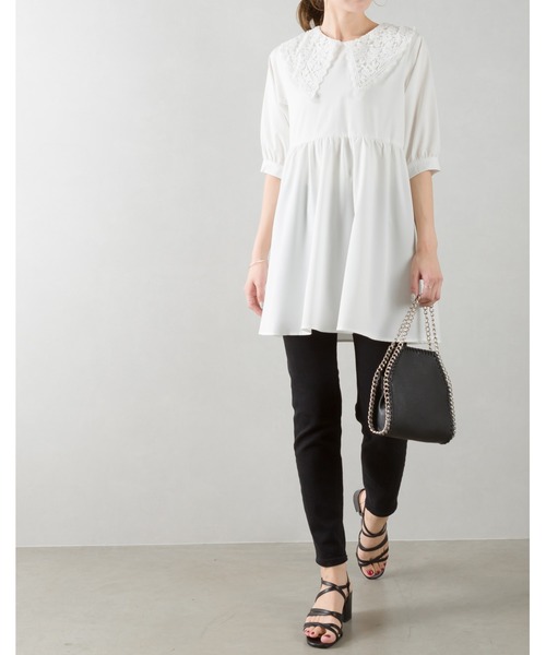 SpRay（スプレイ）の「レ－ス衿５分袖チュニック（チュニック・レディース・ブラック/オフホワイト/ラベンダー・FREE）」の2枚目の写真