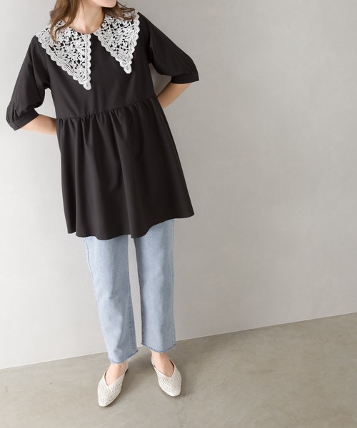 SpRay（スプレイ）の「レ－ス衿５分袖チュニック（チュニック・レディース・ブラック/オフホワイト/ラベンダー・FREE）」の3枚目の写真