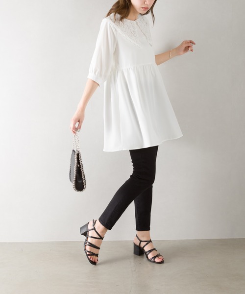 SpRay（スプレイ）の「レ－ス衿５分袖チュニック（チュニック・レディース・ブラック/オフホワイト/ラベンダー・FREE）」の6枚目の写真