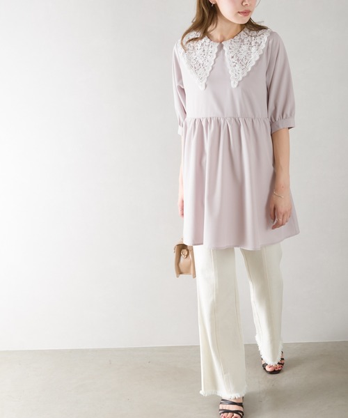 SpRay（スプレイ）の「レ－ス衿５分袖チュニック（チュニック・レディース・ブラック/オフホワイト/ラベンダー・FREE）」の5枚目の写真