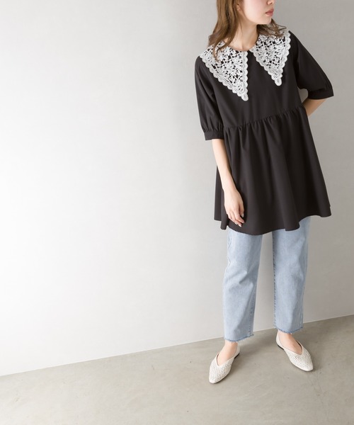 SpRay（スプレイ）の「レ－ス衿５分袖チュニック（チュニック・レディース・ブラック/オフホワイト/ラベンダー・FREE）」の4枚目の写真