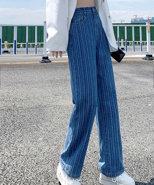 me+em select(ミームセレクト)の「ミックスストライプ ハイウエスト ストレート デニム(デニムパンツ・レディース・ライトブルー/ブルー・SMALL/MEDIUM/LARGE)」の5枚目の写真