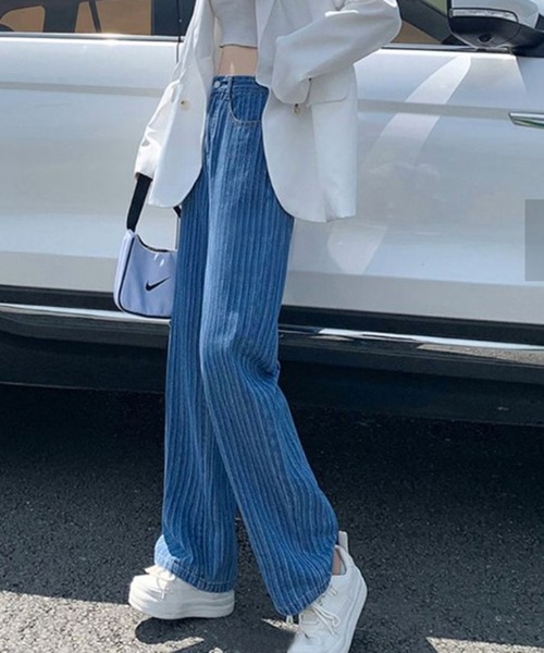 me+em select(ミームセレクト)の「ミックスストライプ ハイウエスト ストレート デニム(デニムパンツ・レディース・ライトブルー/ブルー・SMALL/MEDIUM/LARGE)」の4枚目の写真