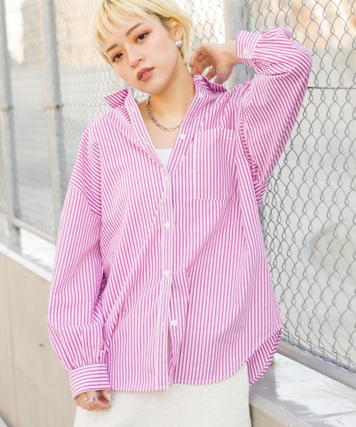 SpRay(スプレイ)の「ストライプ BIGシャツ(シャツ/ブラウス・レディース・ブラック/サックスブルー/ピンク/オレンジ/グリーン/マスタード・FREE)」の5枚目の写真