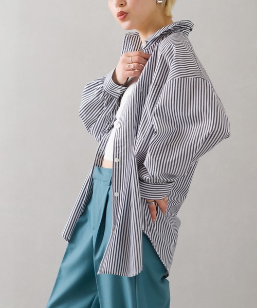 SpRay(スプレイ)の「ストライプ BIGシャツ(シャツ/ブラウス・レディース・ブラック/サックスブルー/ピンク/オレンジ/グリーン/マスタード・FREE)」の22枚目の写真
