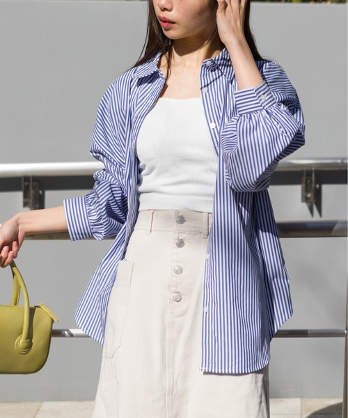 SpRay(スプレイ)の「ストライプ BIGシャツ(シャツ/ブラウス・レディース・ブラック/サックスブルー/ピンク/オレンジ/グリーン/マスタード・FREE)」の14枚目の写真